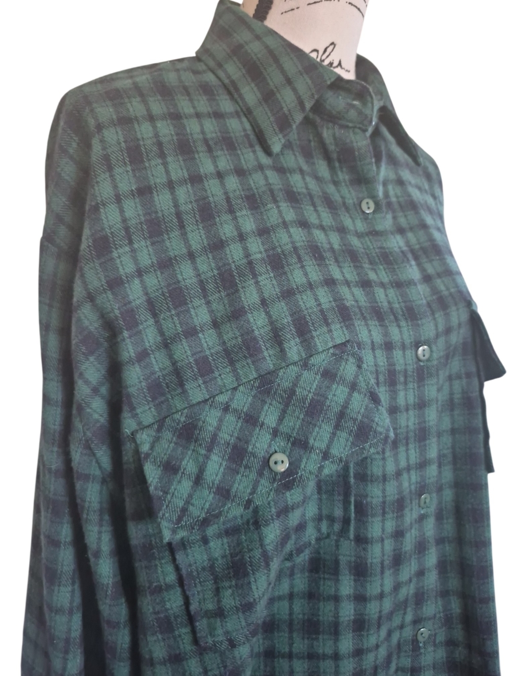 Green Plaid Button-Up Shirt Dress/Tunic Length Top Sz M - Picture 7 of 9